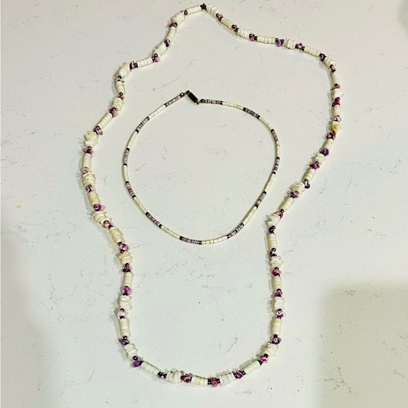Vintage Shell Necklace Set | Purple & White Heishi | 16” + 34” - Picture 8 of 12